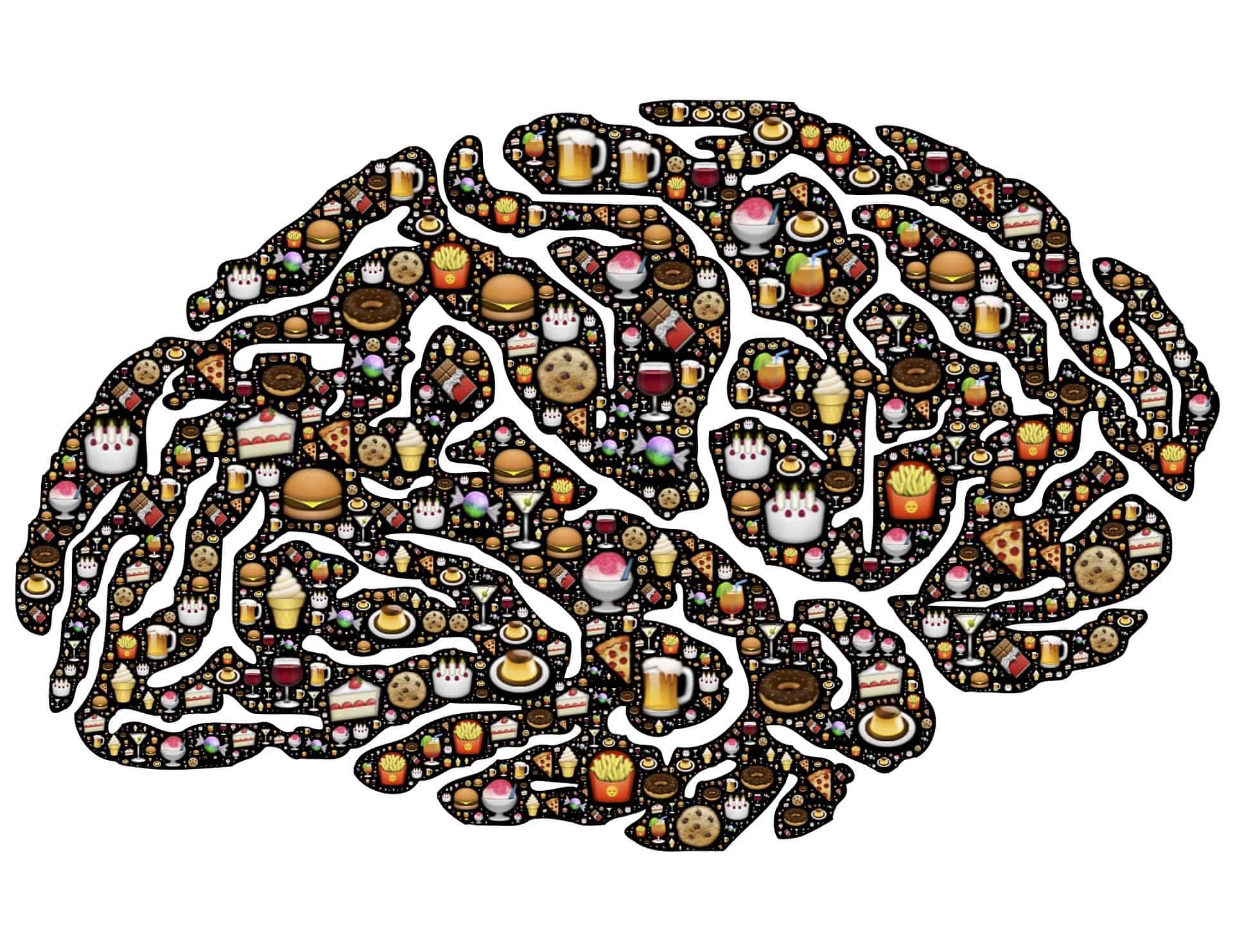 A brown and white picture of a brain with food