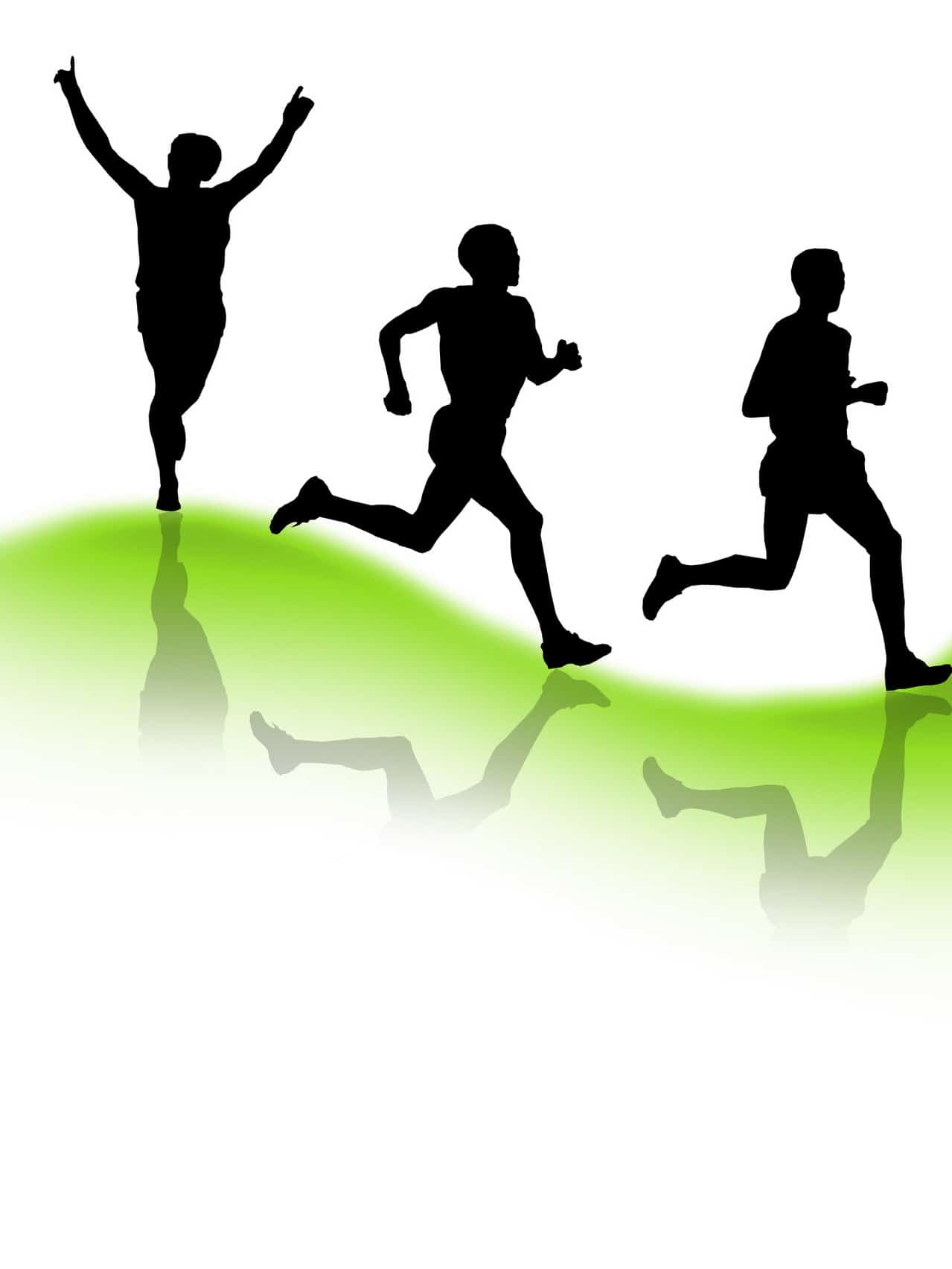 Three silhouettes of people running on a green hill.