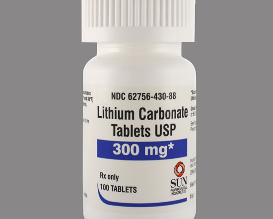 A bottle of lithium carbonate tablets usp 3 0 0 mg.