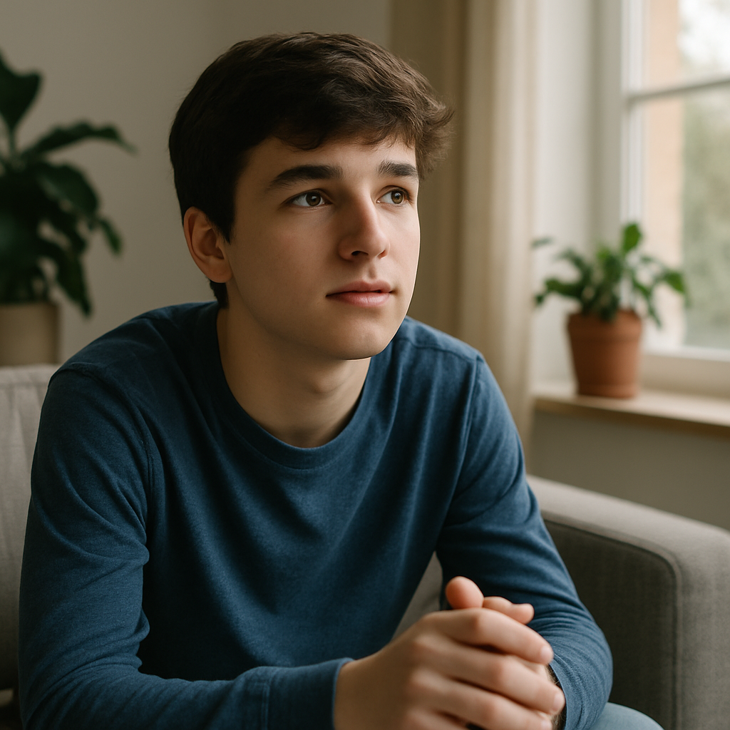 A teenage boy with short brown hair sits on a gray couch in a softly lit room, gazing slightly upward with a calm, thoughtful expression. He wears a long-sleeved blue shirt, and a few potted plants are visible in the background near a sunlit window