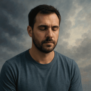 A calm, reflective man in his 30s with short dark hair and a beard sits with his eyes closed against a softly lit sky. The warm sunlight and gentle clouds convey mindfulness and emotional balance, symbolizing calm awareness and personal growth — aligning with the theme of managing anger through mindfulness and ACT strategies for men.